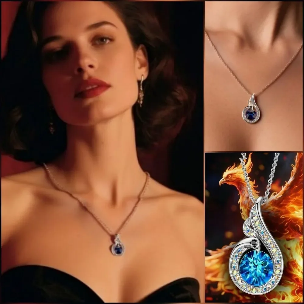 🩵⏭️NIB White Gold Plated Blue Crystal Sapphire Phoenix Pendant Necklace